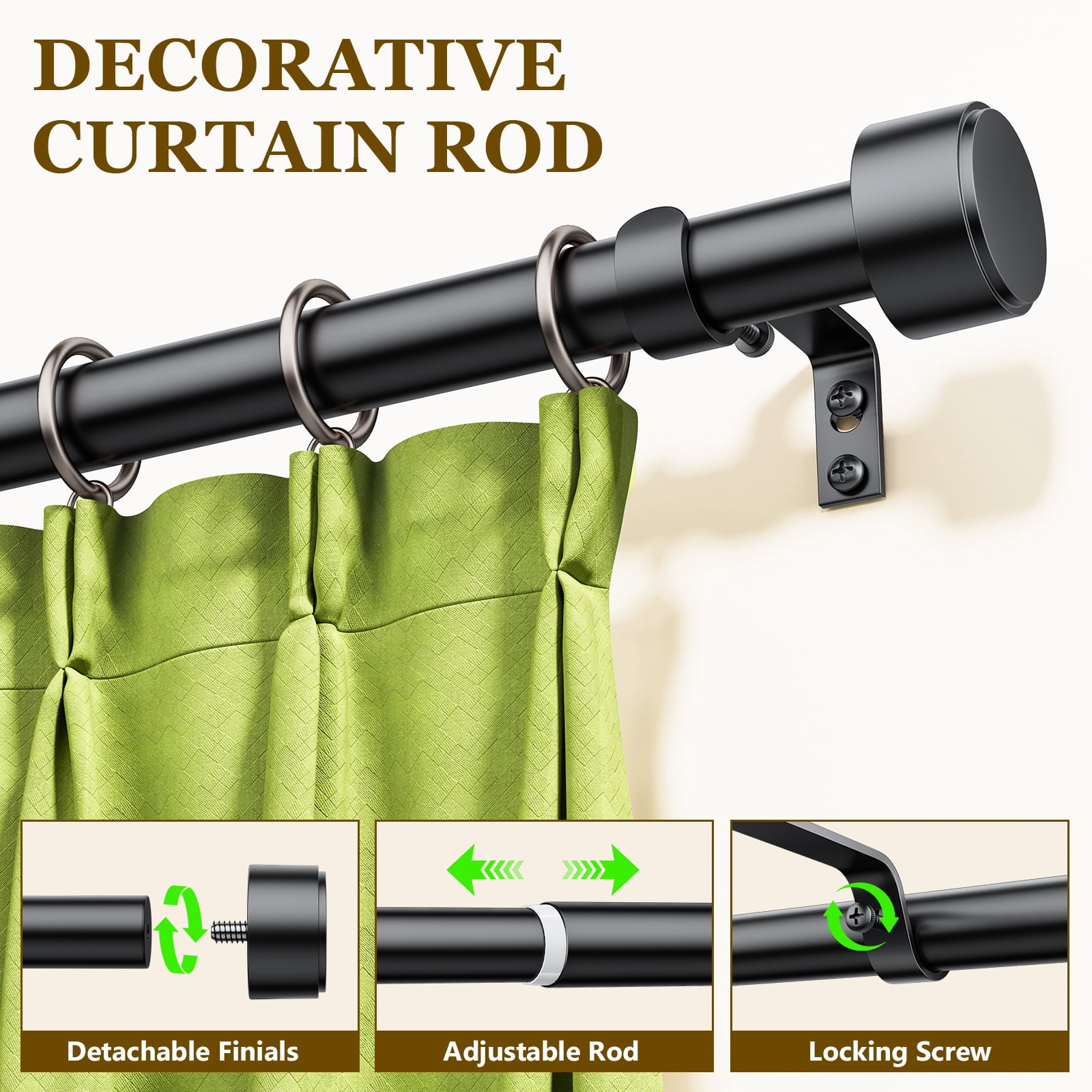 Heavy Duty Adjustable Curtain Rods for Windows, 1-Inch Diameter Matte Black Curtain Rod, 32-120 Inches