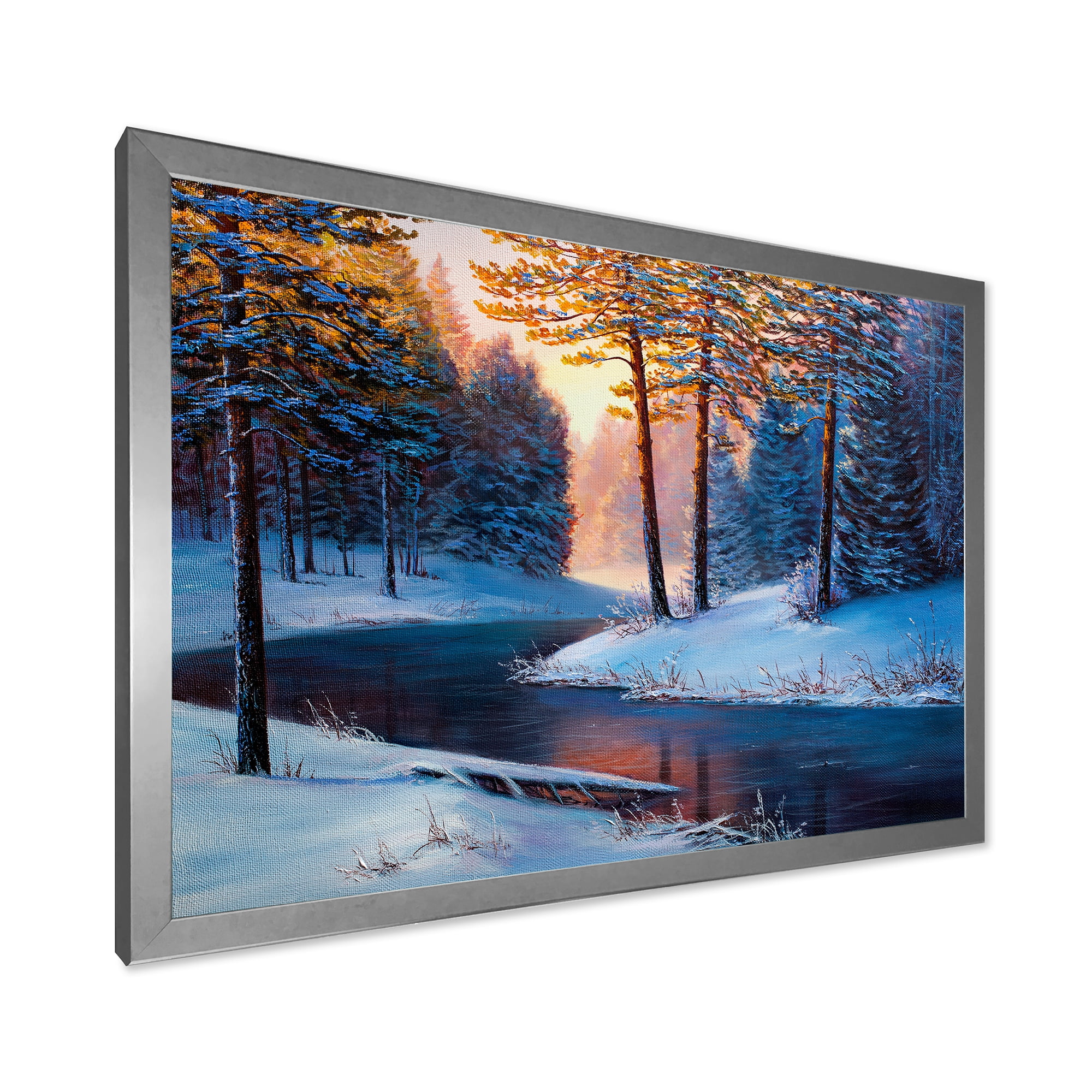 Designart 'Morning Glow Through The Christmas Forest By The River' Lake House Framed Art Print