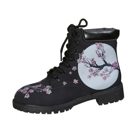 

GNEIKDEING Ladies Floral Print Lace Up Chunky Heel Short Boots Gift on Clearance