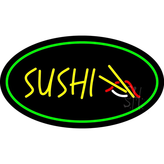 Yellow Sushi Oval Green LED Neon Sign 13 x 24 - inches, Clear Edge Cut Acrylic Backing, with Dimmer - Bright and Premium built indoor LED Neon Sign for restaurant window and interior decor.