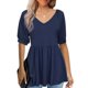 thumbnail image 2 of Blusa de manga corta con cuello en V para mujer, blusa de manga corta con volantes de Color puro a la moda para verano, azul marino S, 2 of 5