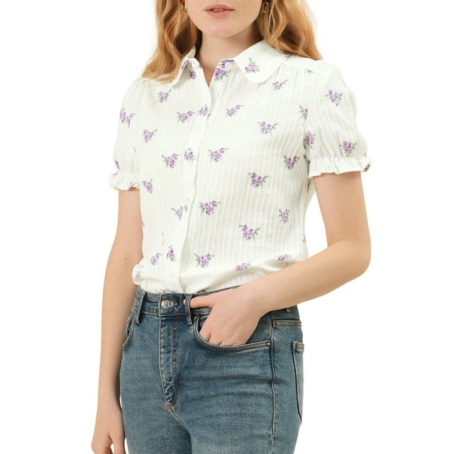INSPIRE CHIC Hauts à Volants pour Femmes Manches Bouffantes Col Peter Pan Blouse en Coton à Imprimé Floral S Blanc