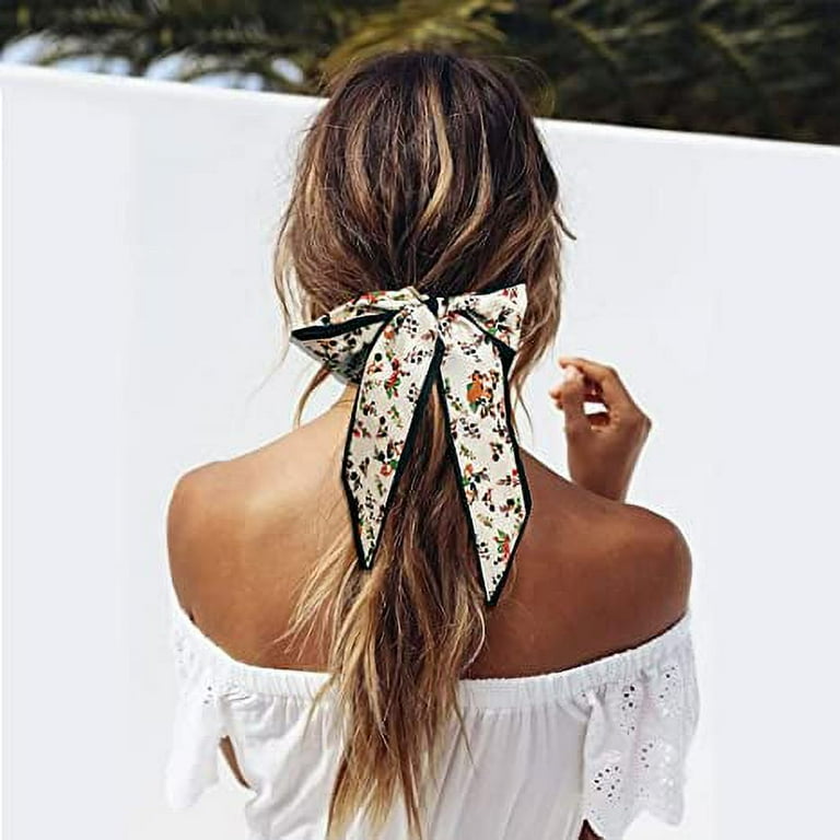 Pearl Hair Scrunchies Flower Print Weave Elastic Hair Ropes Long Ribbon Hair Ties Hair Scarf Bow Headband Hair Accessories for Women and Girls beige
