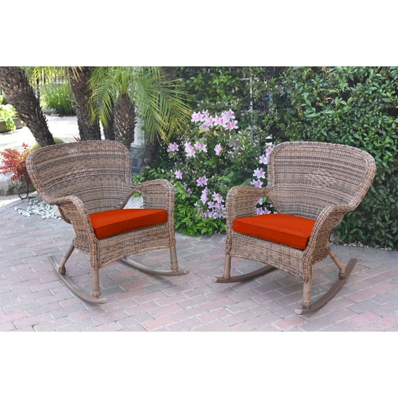 Jeco Set of 2 Windsor Honey Resin Wicker Rocker Chair with Brick Red Cushions