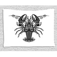 thumbnail image 1 of Lobster Tapestry, Oriental Tattoo Style Print of Lobster with Curvy Wavy Geometric Ornaments, Wall Hanging for Bedroom Living Room Dorm Decor, 80W X 60L Inches, Black and White, by Ambesonne, 1 of 2