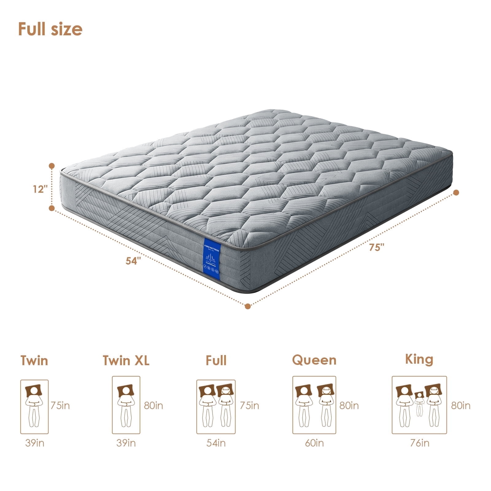 NNSNG 12" Full Size Hybrid Mattress, Luxury Comfort Mattress with Gel Memory Foam, Fits Most Bed Frames, Bed-in-a-Box, Grey