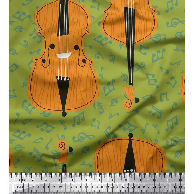 Soimoi Green Cotton Poplin Fabric Notes & Violin Musical Instrument Print Sewing Fabric Yard 56 Inch Wide