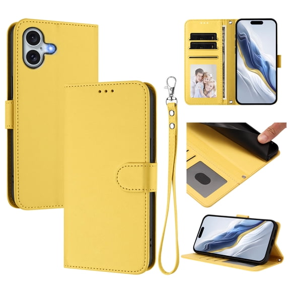 Allytechgroup for iPhone 16 Plus Flip Case, Slim Fit Shockproof Cover with Credit Card Slot, RFID Blocking Card Pocket Lanyard Shock-Absorbent Protective Bumper for Women Girls, Yellow