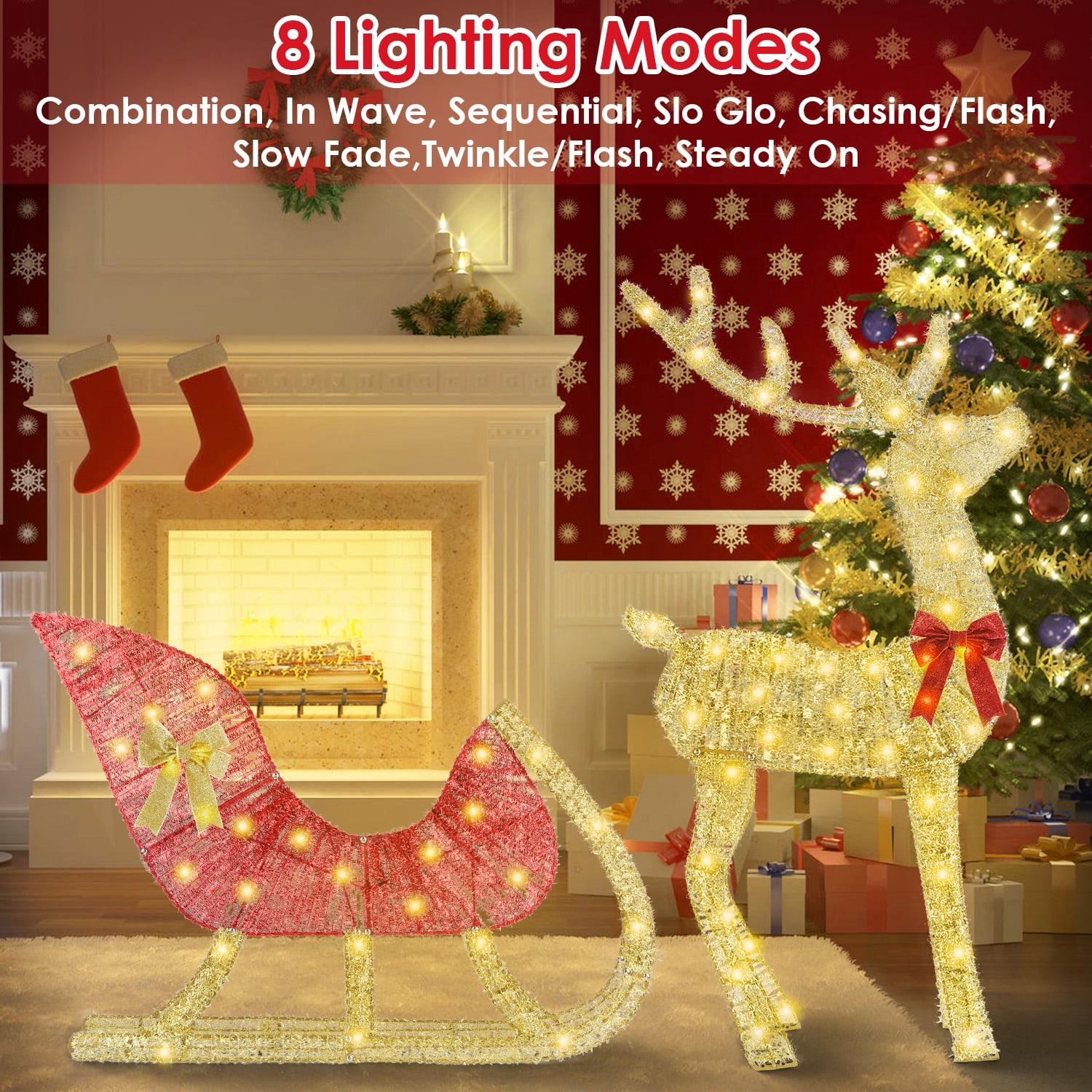 Astoutdoor Lighted Christmas Reindeer & Sleigh, 8 Modes, Warm Yellow LED, Iron & Stainless Steel, Indoor Outdoor, 16.93 x 12.99 x 1.97 in