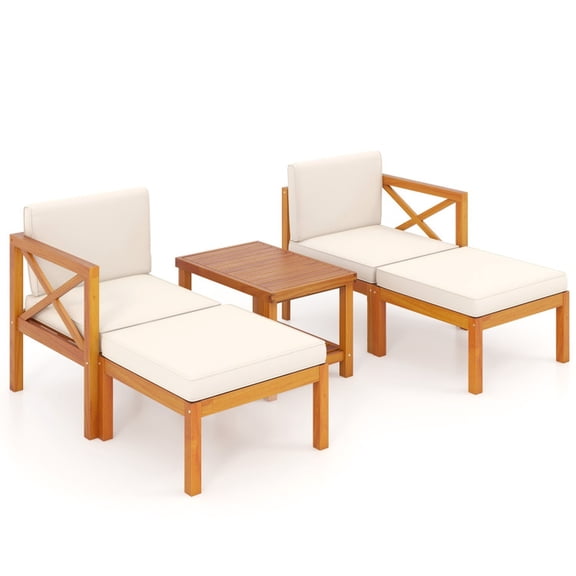 Furnibear 5 Piece Acacia Wood Patio Lounge Chair Set Outdoor Sofa Conversation Set with Ottomans Cushions and Coffee Table for Backyard, White