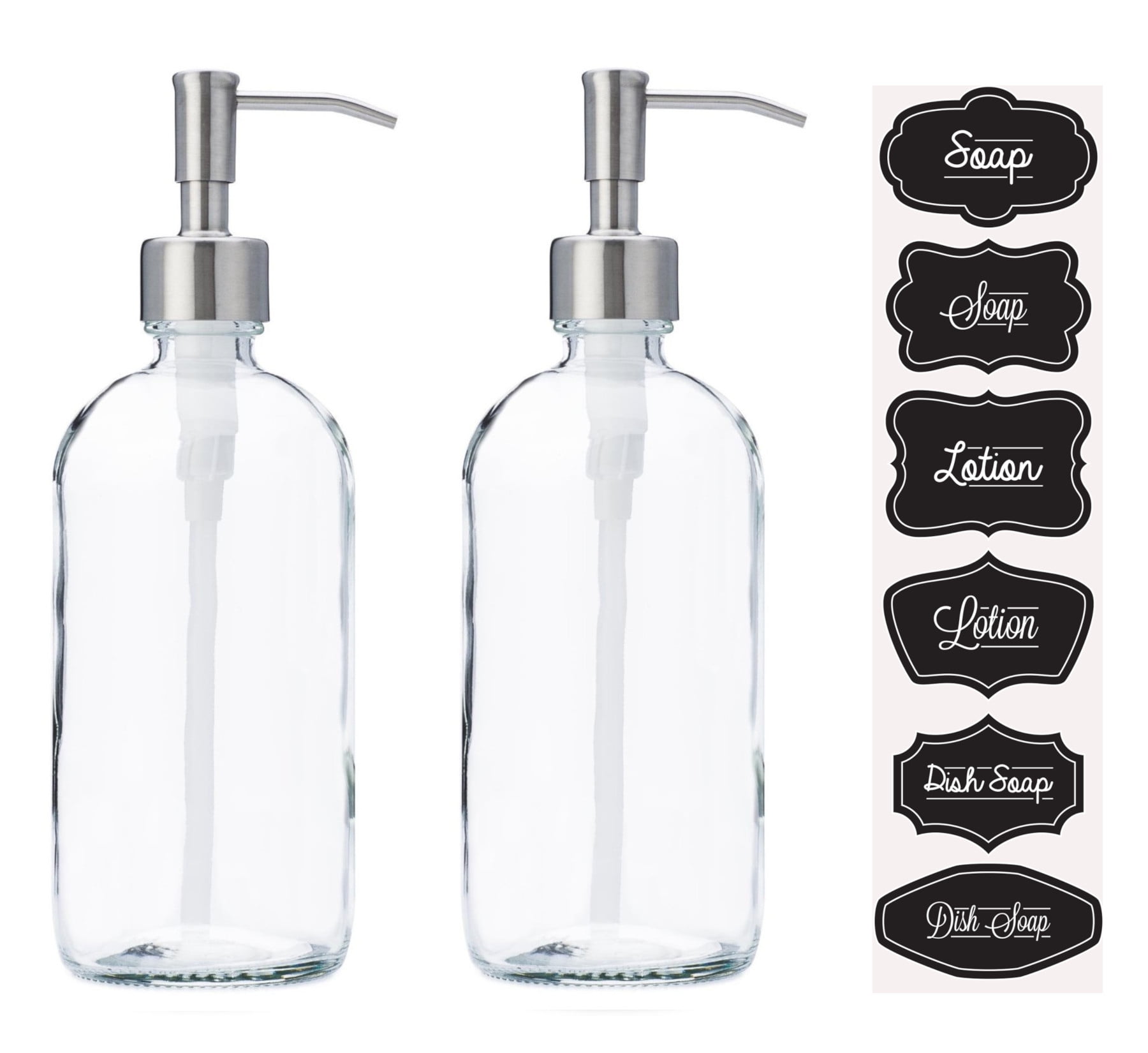 Clear Glass Jar Soap and Lotion Dispenser with Stainless Steel Pump - 16 oz - 2 Pack