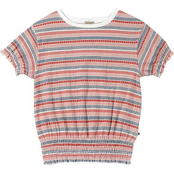 LUCKY BRAND GIRLS TOP - BASIA CORAL SZ SMALL 7 - STRIPED SHIRT SHORT SLEEVE