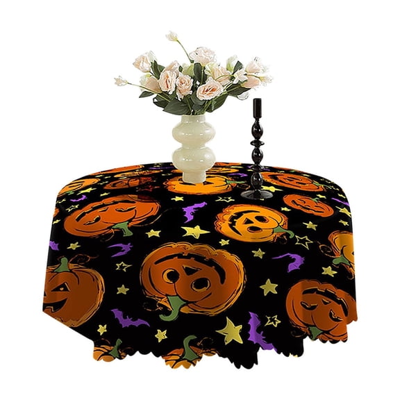 Halloween Round Tablecloth 47 Inch Ghost Tablecloth Orange Black Spooky Vintage Table Cloth Farmhouse Rustic Table Cover for Halloween Holiday Kitchen Dining Room Party Indoor Outdoor Decor