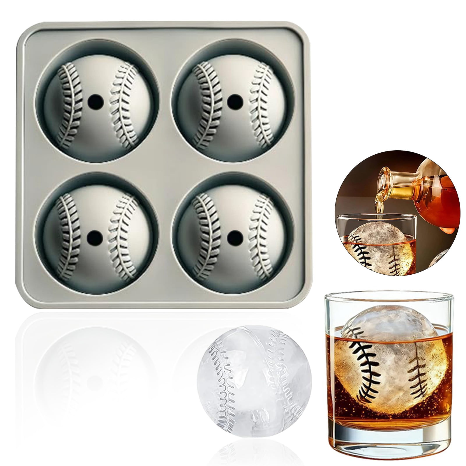 Hearthoom Baseball Ice Cube Molds, Big Round Whiskey Ice Cube Trays for Freezer, Easy to Fill & Release, Sphere for Reusable Tray,Gray 2