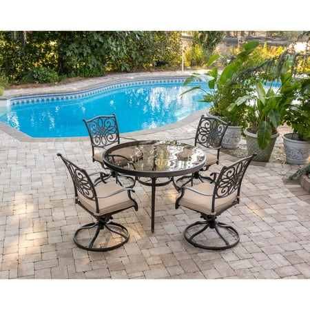Hanover Traditions 5-Piece Dining Set in Tan with 47 in. Glass-top Table