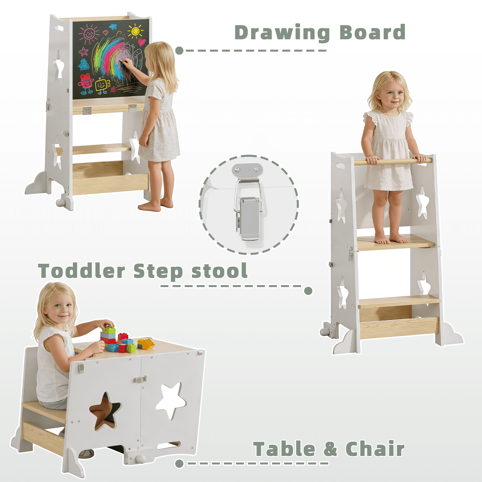 3-in-1 Toddler Kitchen Step Stool with Chalkboard, Foldable Convertible Learning Standing Tower Helper Table and Chair Set, White Natural