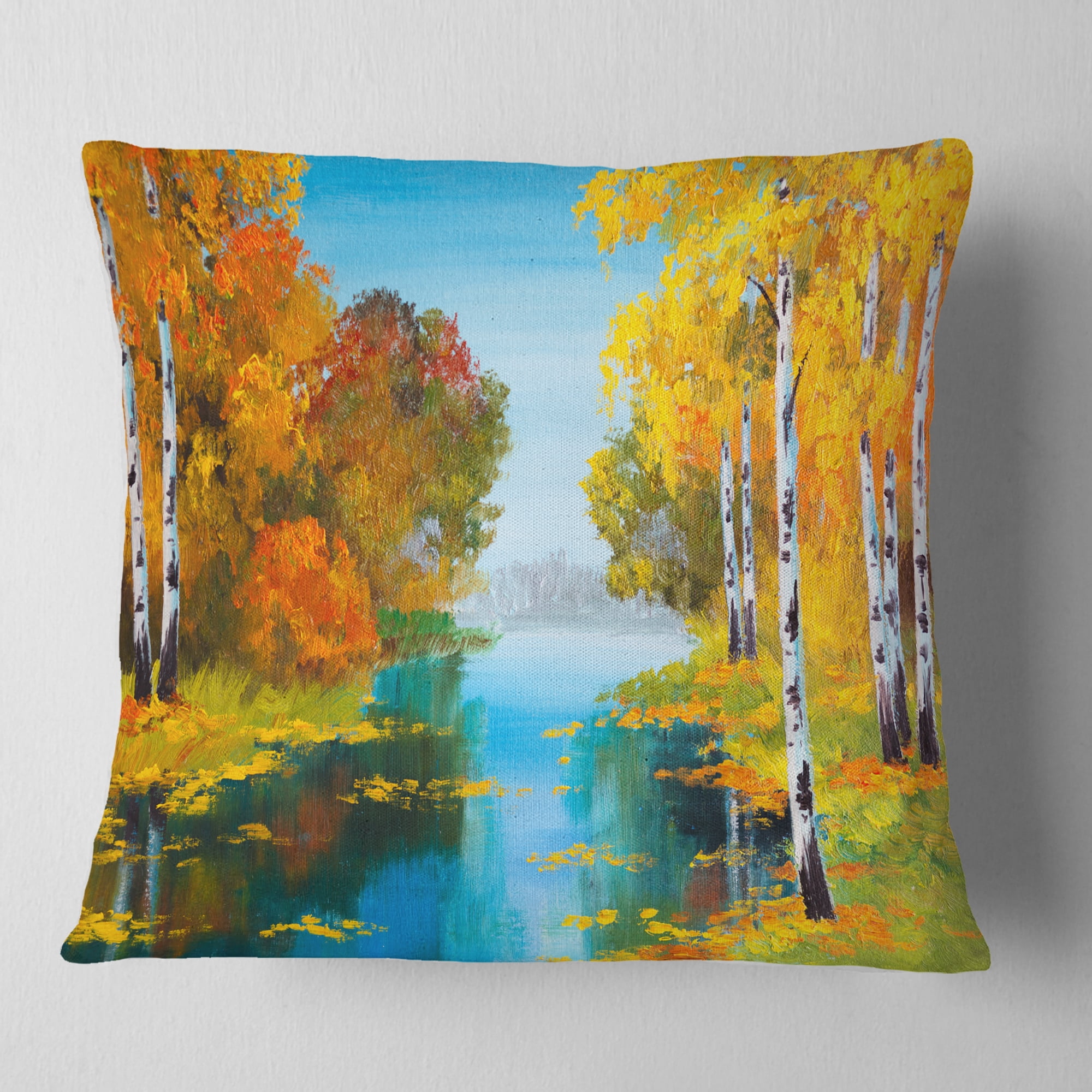 Designart Birch Forest near the River - Landscape Printed Throw Pillow - 16x16