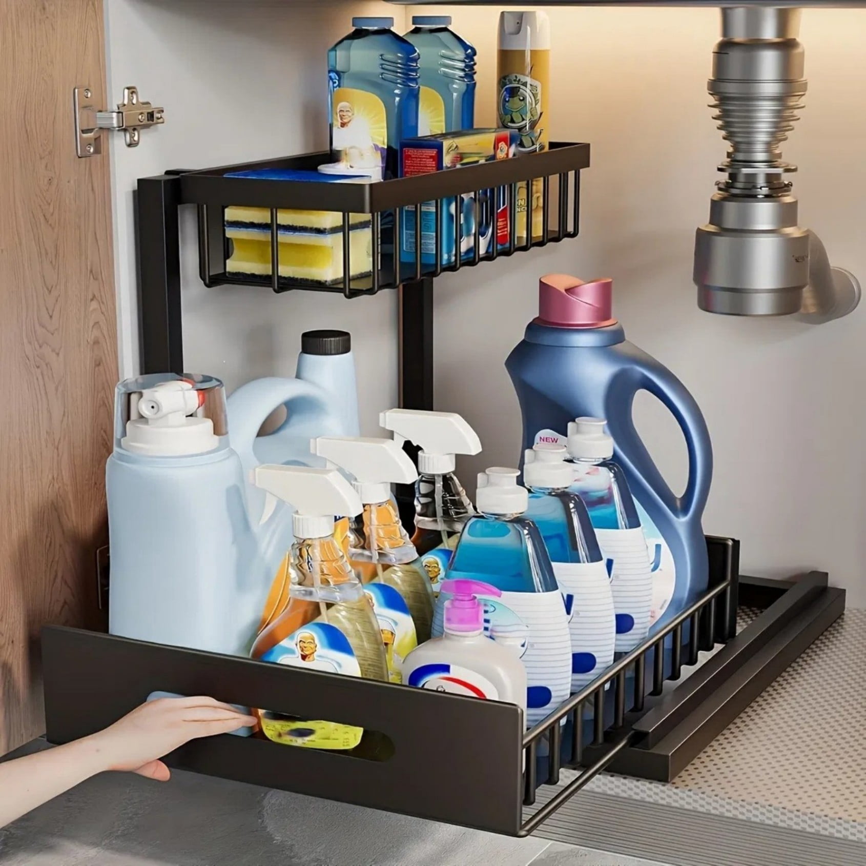 Under Sink Organizer 2 Tier Pull Out Storage Rack, Stainless Steel Rustproof Bathroom Kitchen Cabinet Organizer No Drilling Space Saving Shelf, Black, 2 pcs