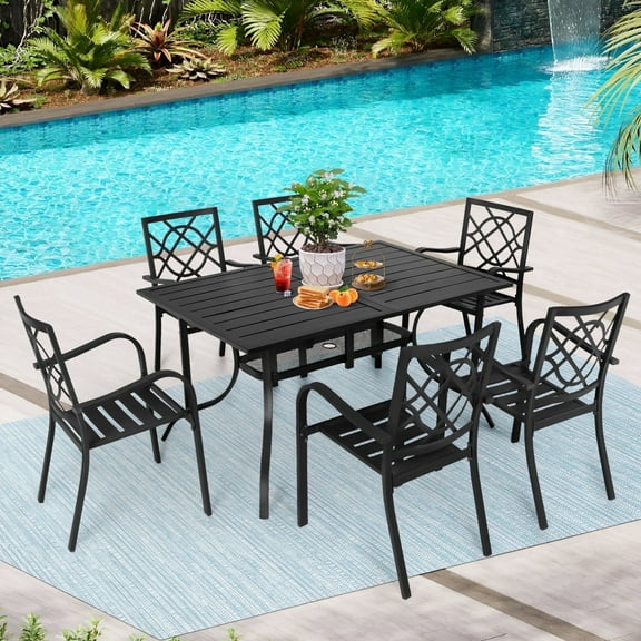 SOLAURA 7 Piece Outdoor Patio Dining Set, Metal Furniture Set: Rectangular Dining Table with Umbrella Holes & 6 Stackable Chairs for Backyard, Garden
