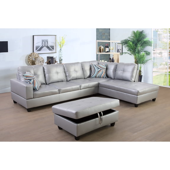 Golden Furniture 3PCS L Shape Faux Leather Sectional Sofa Set, Living Room Sofa Set with Storage Ottoman and Matching Pillows