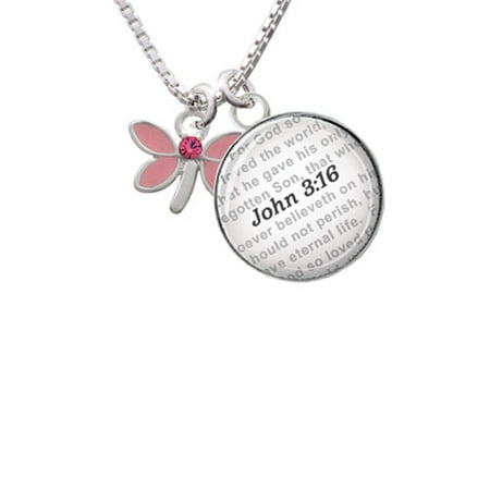 Glass Dove Necklace - Pink Dragonfly with Crystal - Bible Verse John 3:16 Glass Dome Necklace