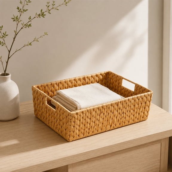 Handwoven Storage Basket with Cutout Carry Handles, Rectangular Wicker Decorative Organizer Tray Bin for Bathroom Counter, Closet Shelves, Household Sundries, Magazines, Keys, 16.1 x 11 x 6.7 Inches