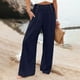 thumbnail image 2 of pantalones de pierna ancha de lino de algodón de verano para mujer pantalón palazzo suelto bolsillo cintura elástica botón pantalones casuales azul marino / 2xl, 2 of 4