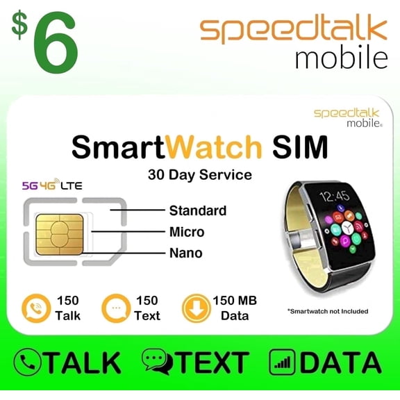 SpeedTalk Mobile SIM Card for Kids Smartwatches and Elderly Smartwatches, Talk Text Data, Wearable Devices 4G LTE USA