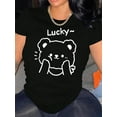 thumbnail image 1 of Women'S Casual Crew Neck T-Shirt with Lucky Bear Print, Fashionable Short Sleeve Top, Medium Stretch Polyester (95%) & Spandex (5%), All-Season Animal Pattern Tee for Sports & Leisure, 1 of 6