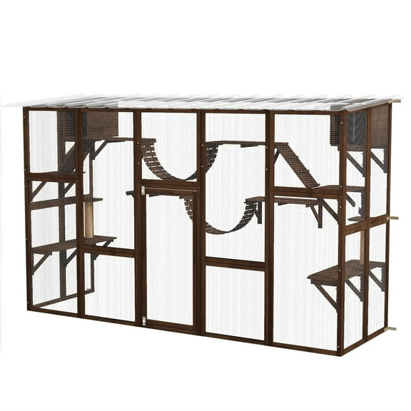 Pefilos 118" Outdoor Weatherproof Cat Cage with Shelves, Bridges, Wooden Catio House for 2-3 Kittens Cats, Indoor Cat Enclosure, Brown