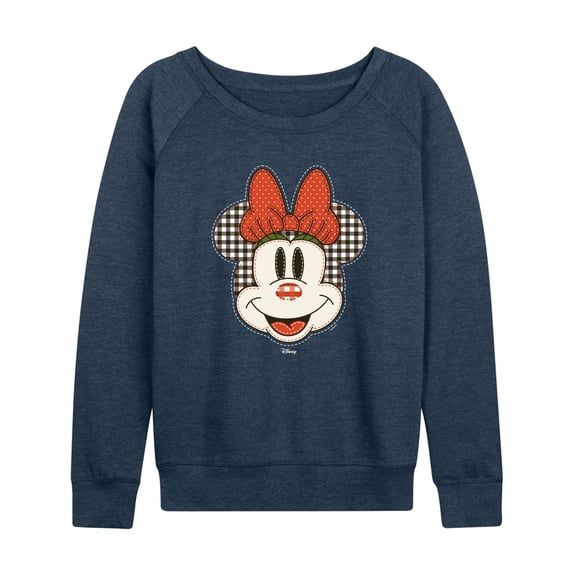 Disney - Patchwork Minnie Mouse Women's Lightweight French Terry Wide Neck Long Sleeve Graphic Shirt