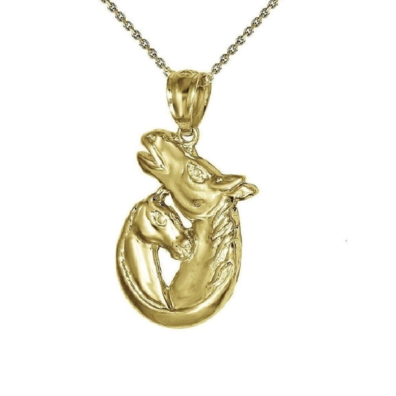 925 Sterling Silver Yellow Gold Plated 1mm Cable Chain Necklace w/ Mother & Baby Horses 3D Pendant