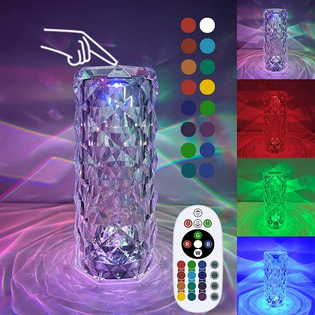 Hongchun Crystal Table Lamp, 16 Color Changing USB Ports, Pink Diamond Acrylic Lamp with Touch and Remote Control, LED Crystal Touch Lamp, Bedside Lamp for Decoration, Bedroom, Living R