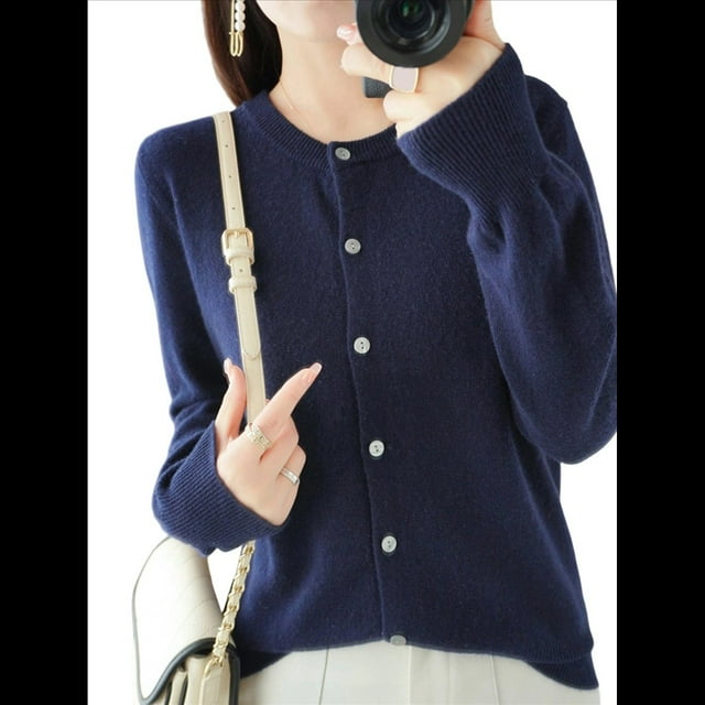 Suéter de Larga con Cuello Redondo de Color Liso para Mujer, Chaqueta de Punto Combinable para y Otoño Azul Marino M