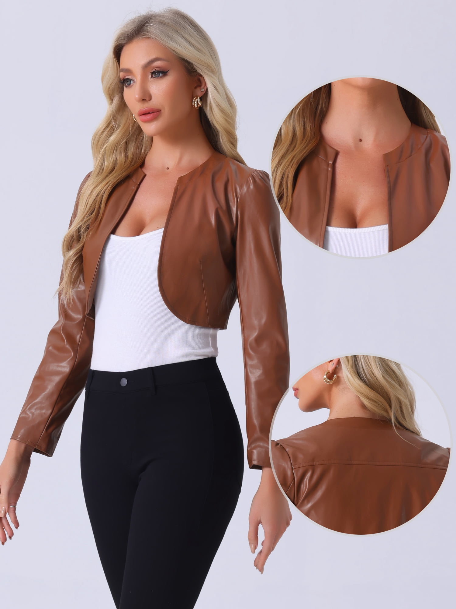DARING DIVA Women's Open Front Long Sleeve PU Cropped Leather Jacket S Brown