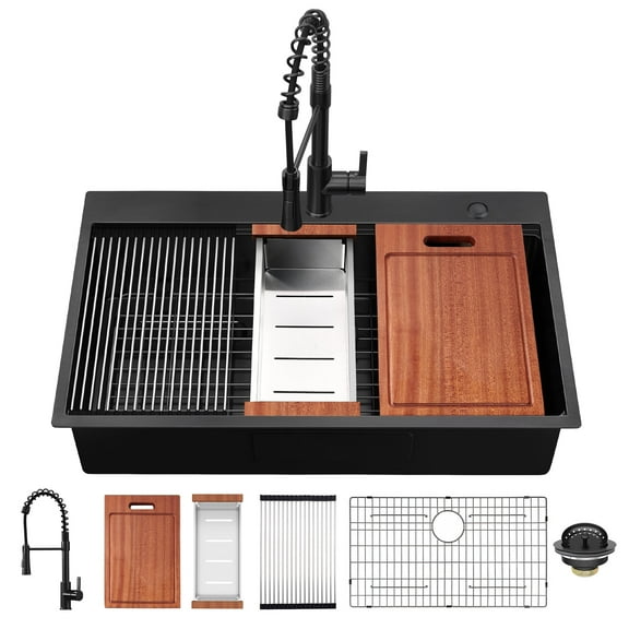 36"x 22" Gunmetal Black Drop-in Kitchen Sink with Pull Out Kitchen Faucet Combo, 16 Gauge R10 All in One Handmade Workstation Sink with Various Accessories