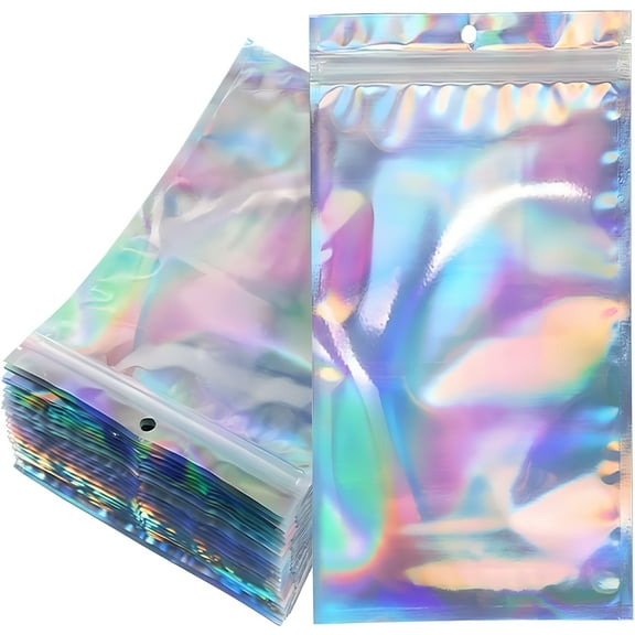 CCOCC 50Pcs Holographic Foil Ziplock Bags 6x9in,Resealable Mylar Sample Pouch Gift Baggies For Packaging Candy Jewelry Lash Lip Gloss