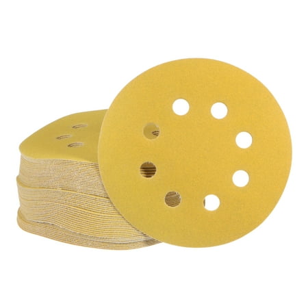 

50 Packs Yellow Sanding Discs 5 Inch 180 Grits Hook and Loop Sandpapers 8 Holes Sander Paper for Automobile Metal Wood