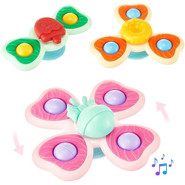 Juguetes giratorios con ventosa para bebés, 3 piezas, juguetes con sonajero, juguetes para trona, juguetes sensoriales para bebés, juguetes giratorios para ventanas para niños pequeños