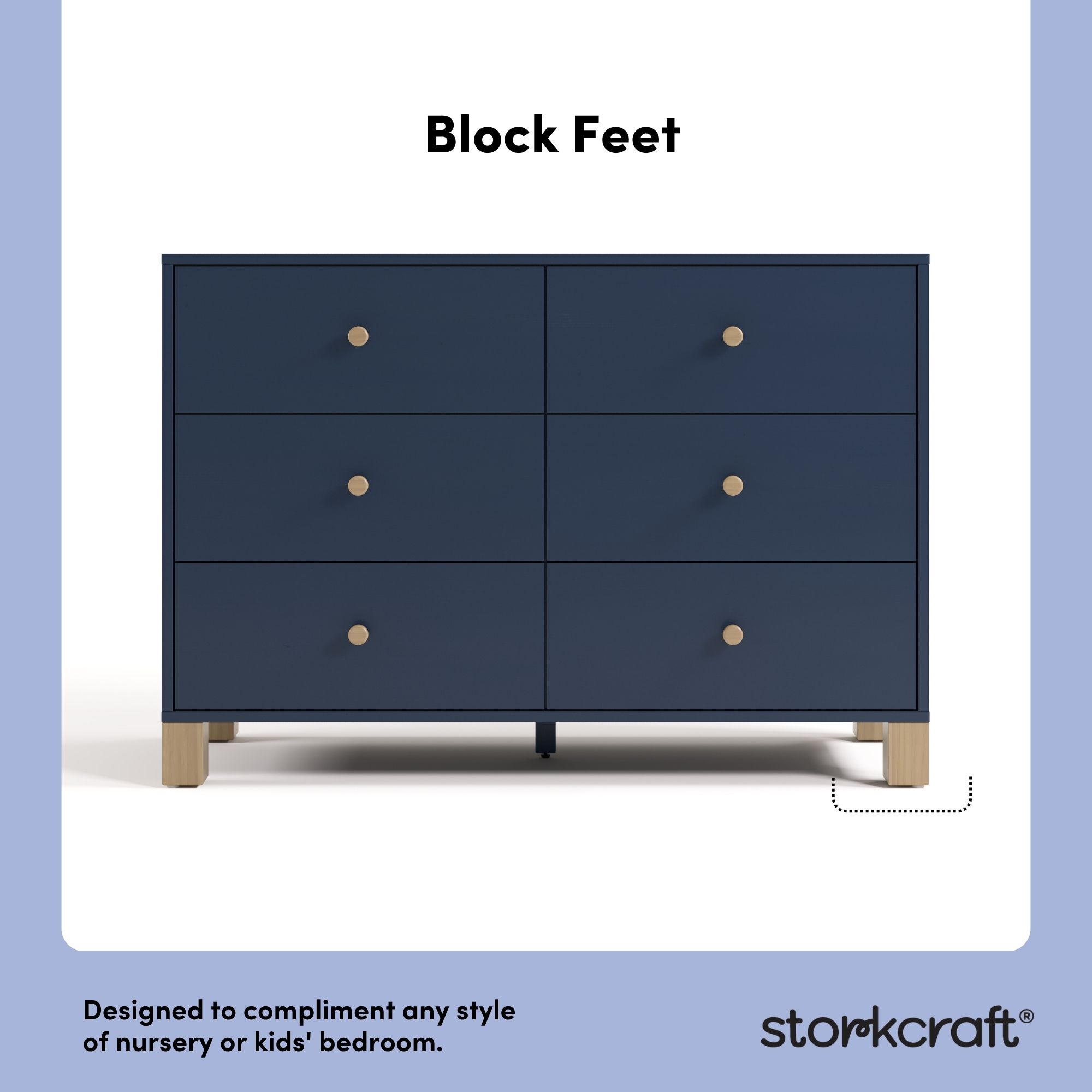 Storkcraft California 6 Drawer Nursery Wood Double Dresser, Midnight Blue with Driftwood