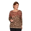 Alfred Dunner Womens Petite Trendy Leopard Print Floral Yoke Jacquard Sweater