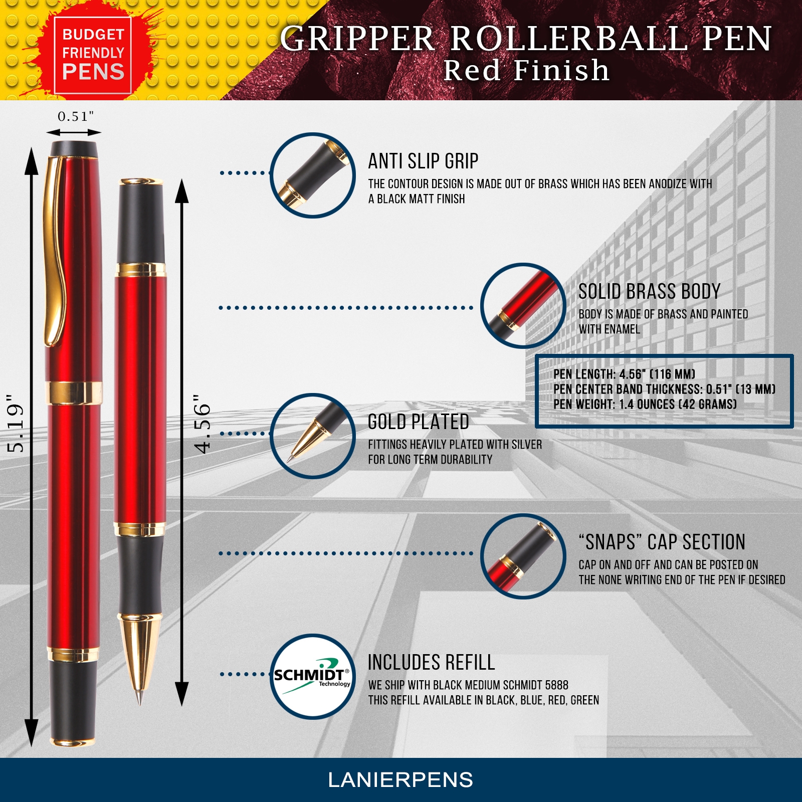 Gripper Red Roller Ball Pen - Medium Tip Point 0.7mm Black Ink Refill