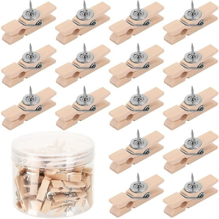 50 PCS Push Pin with Wooden Clips, Push Pin Clips for Cork Board Decorative Pushpins Tacks Thumbtacks Bulletin Board Clips for Photo Note Calendar, daily Office Home Supplies(Wooden Color)