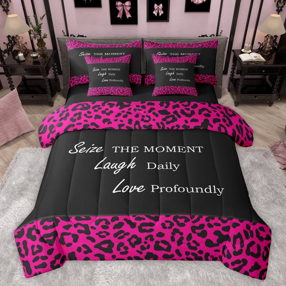 jejeloiu Inspirational Quote Theme 7-Piece Twin Bedding Sets,Wild Cheetah Texture Bedding Comforter Set,Hotpink Black Sheet Sets For Girls Boys,Microfiber Bedroom Decor Reversible