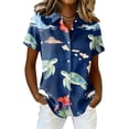 thumbnail image 2 of Women Hawaiian Shirt Soft Cool Summer Hawaii Tshirts Beach Tropic Print V Neck Button up Tops Floral Short Sleeve Tops Dark Blue M, 2 of 5