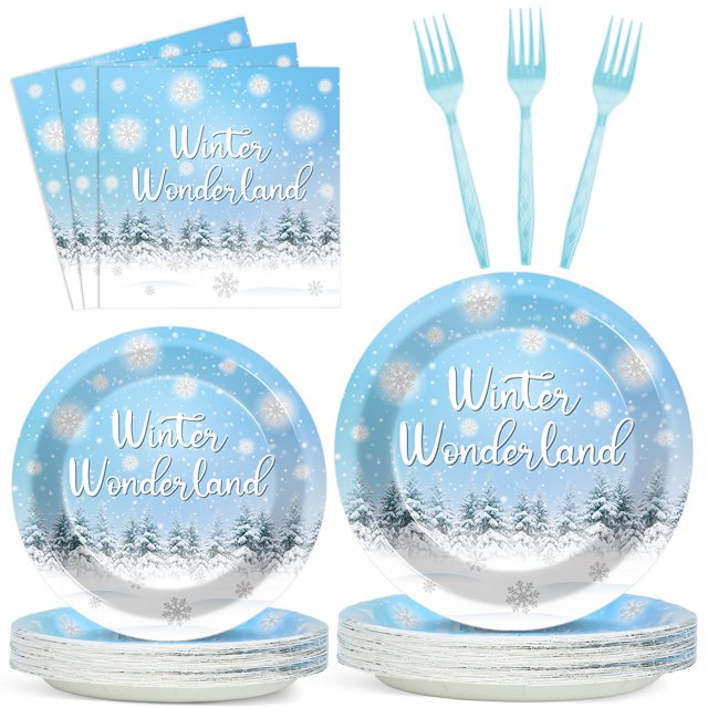 Platos y servilletas de fiesta de 96 unidades de Winter Wonderland de CHUNNIN