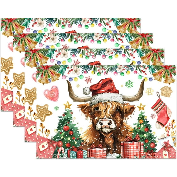 Highland Cow Table Placemats Set of 4, 12x18 Inch Christmas Bull Cattle Washable Placemats Non Slip Heat-Resistant Christmas Placemats for Kitchen Table Party Dining Decoration