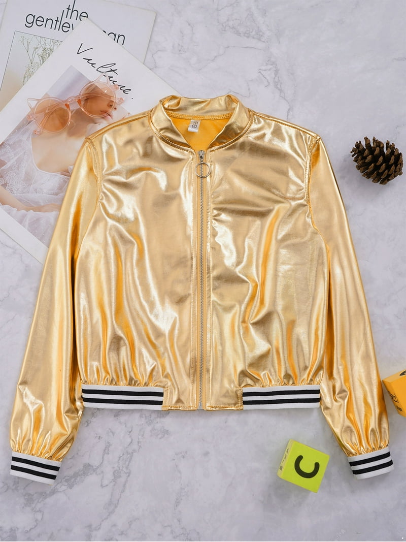 DPOIS Girls Boys Shiny Metallic Long Sleeve Bomber Jacket