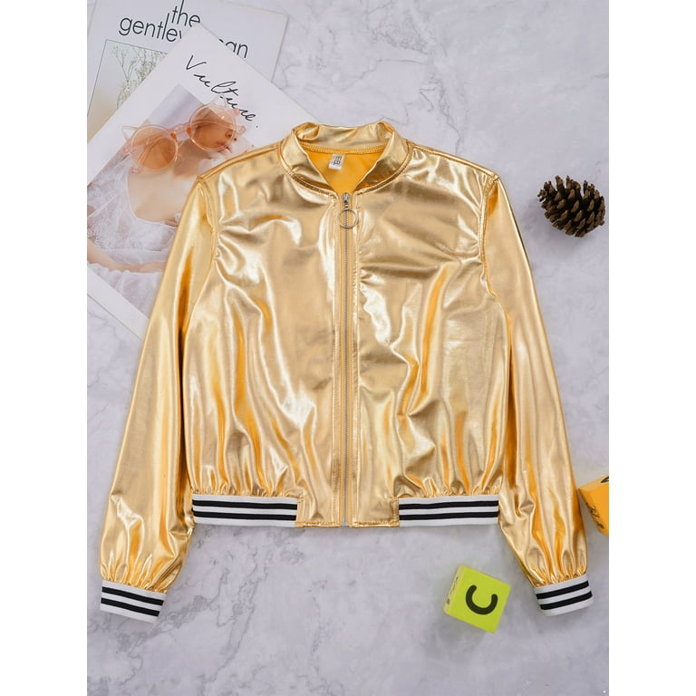 DPOIS Girls Boys Shiny Metallic Long Sleeve Bomber Jacket Coat Hip Hop  Dance Top Gold 12