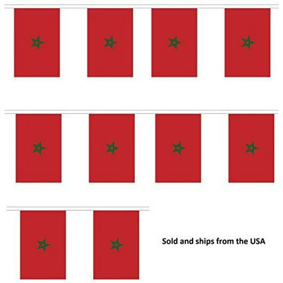 10' Morocco String Flag Party Bunting Has 10 Moroccan 6"x9" Polyester Banner Flags Attached, Popular For School Classroom, Bars, Restaurants, World Cup Theme Parties